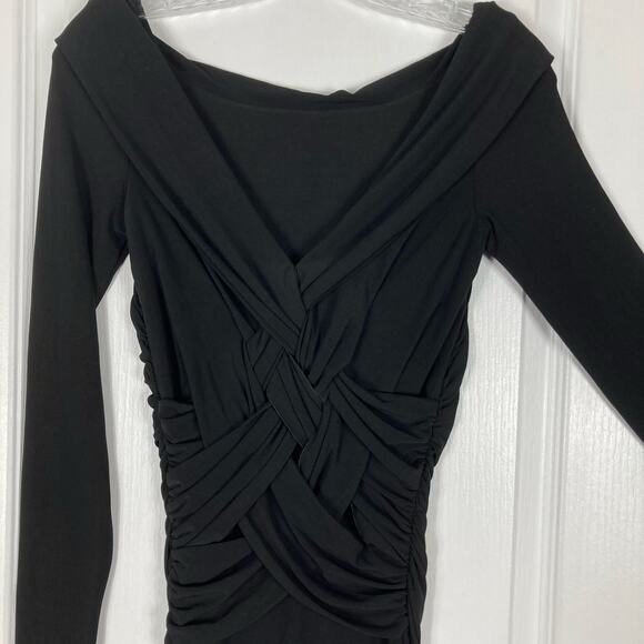 NWOT BEN DE LISI Dress US 4 Black Maxi Boat-Neck Cross Ruch Slit Side Stretch - Picture 5 of 15